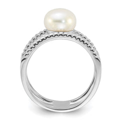 Sterling Silver Rhodium-plated 8-9mm White Freshwater Cultured Pearl and CZ Ring - 2