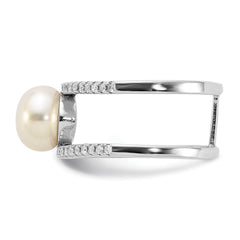 Sterling Silver Rhodium-plated 8-9mm White Freshwater Cultured Pearl and CZ Ring - 2