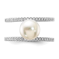 Sterling Silver Rhodium-plated 8-9mm White Freshwater Cultured Pearl and CZ Ring - 2