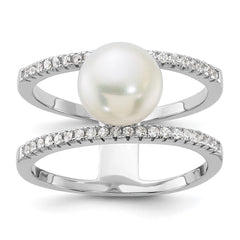 Sterling Silver Rhodium-plated 8-9mm White Freshwater Cultured Pearl and CZ Ring - 2