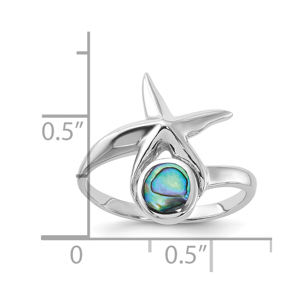Sterling Silver Rhodium-Plated Polished Round Abalone with Starfish Ring