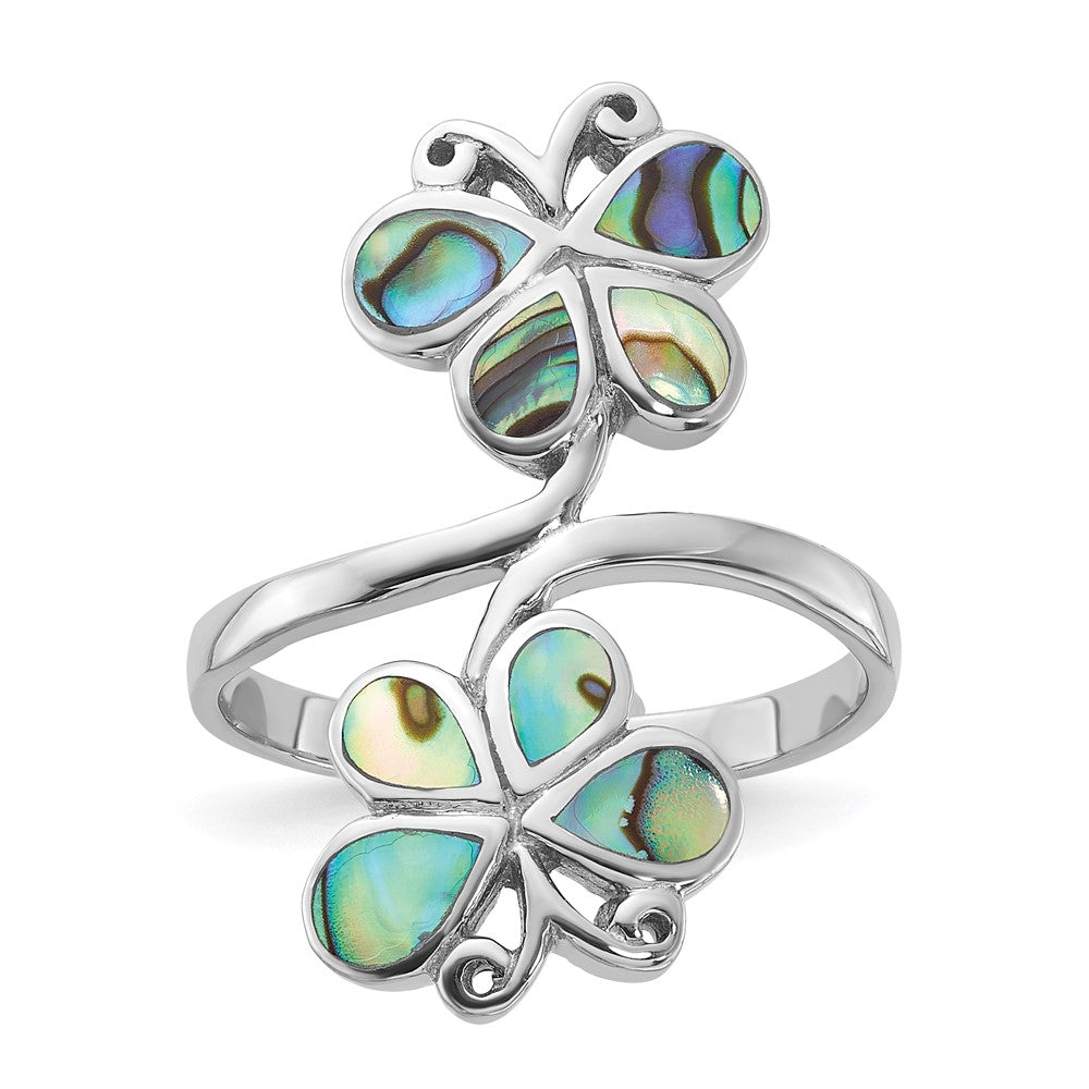 Sterling Silver Rhodium-Plated Polished Abalone Double Butterfly Ring - 2