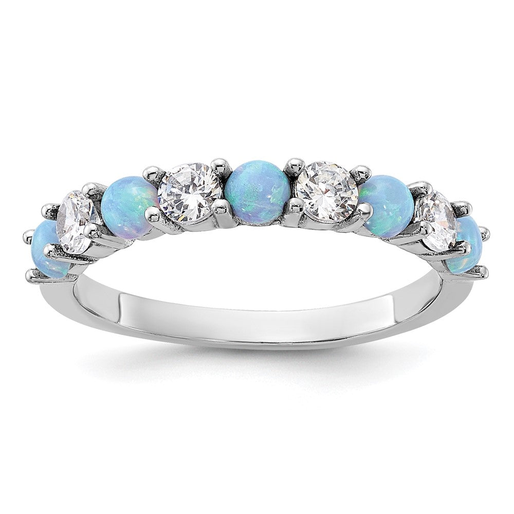 Sterling Silver Rhodium-plated Blue Created Opal and CZ Ring - 3