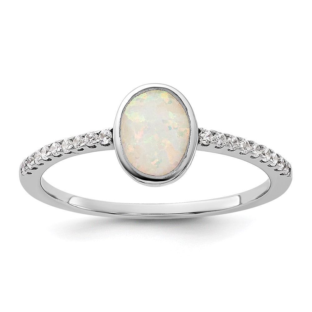 Sterling Silver Rhodium-plated Created Opal and CZ Ring - 3