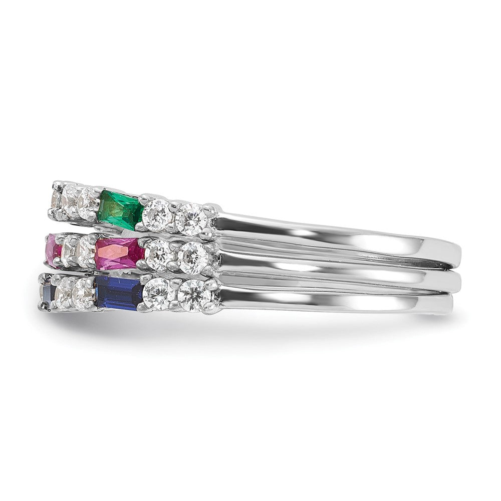 Sterling Silver Rhodium-plated Green, Red and Blue CZ 3 Ring Set - 3