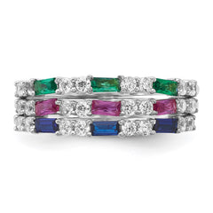 Sterling Silver Rhodium-plated Green, Red and Blue CZ 3 Ring Set - 3