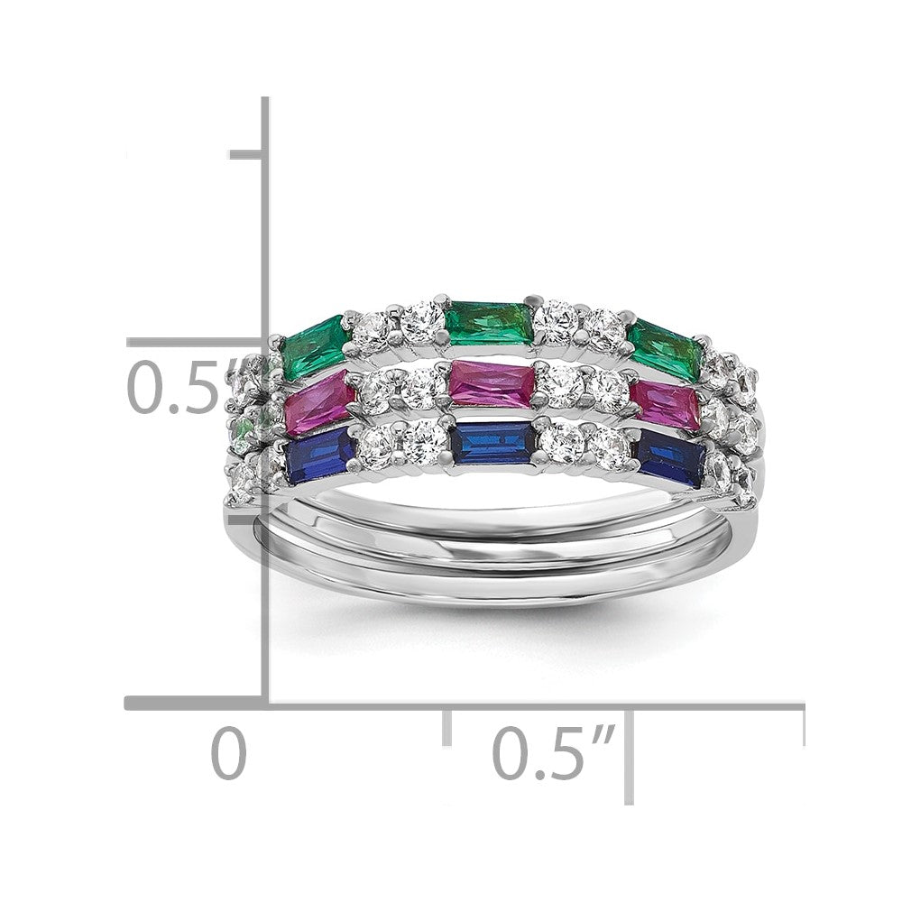 Sterling Silver Rhodium-plated Green, Red and Blue CZ 3 Ring Set - 3
