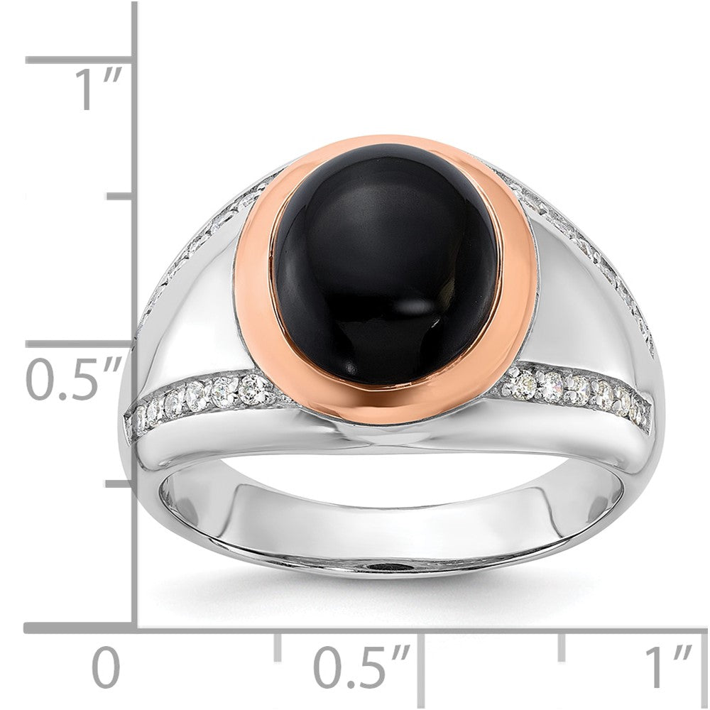 Sterling Silver RH-plated Rose Gold-plated Onyx and CZ Ring - 2