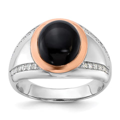 Sterling Silver RH-plated Rose Gold-plated Onyx and CZ Ring - 3