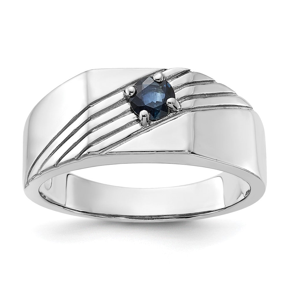 Sterling Silver Rhodium-plated Dark Blue Sapphire Signet Men's Ring - 3