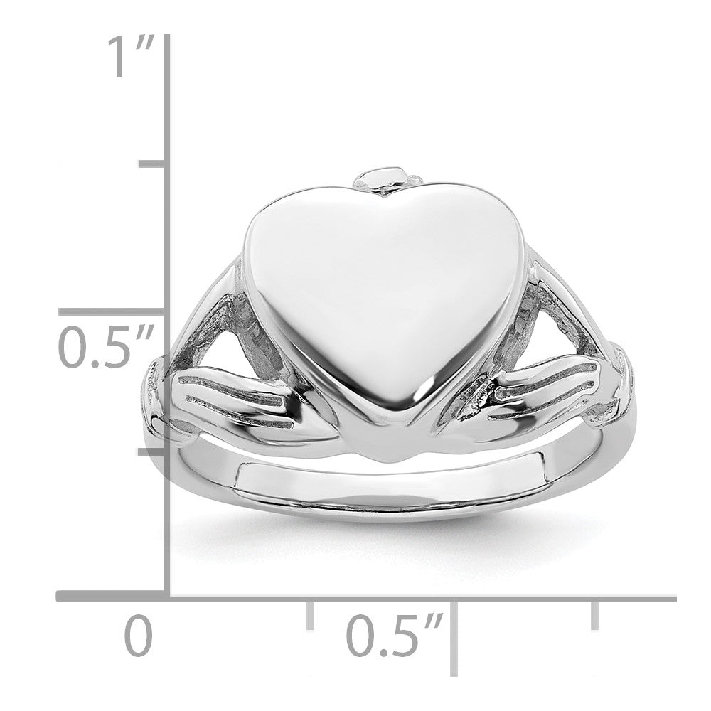 Sterling Silver Rhodium-plated Polished Claddagh Heart Ash Holder Size 7 Ring