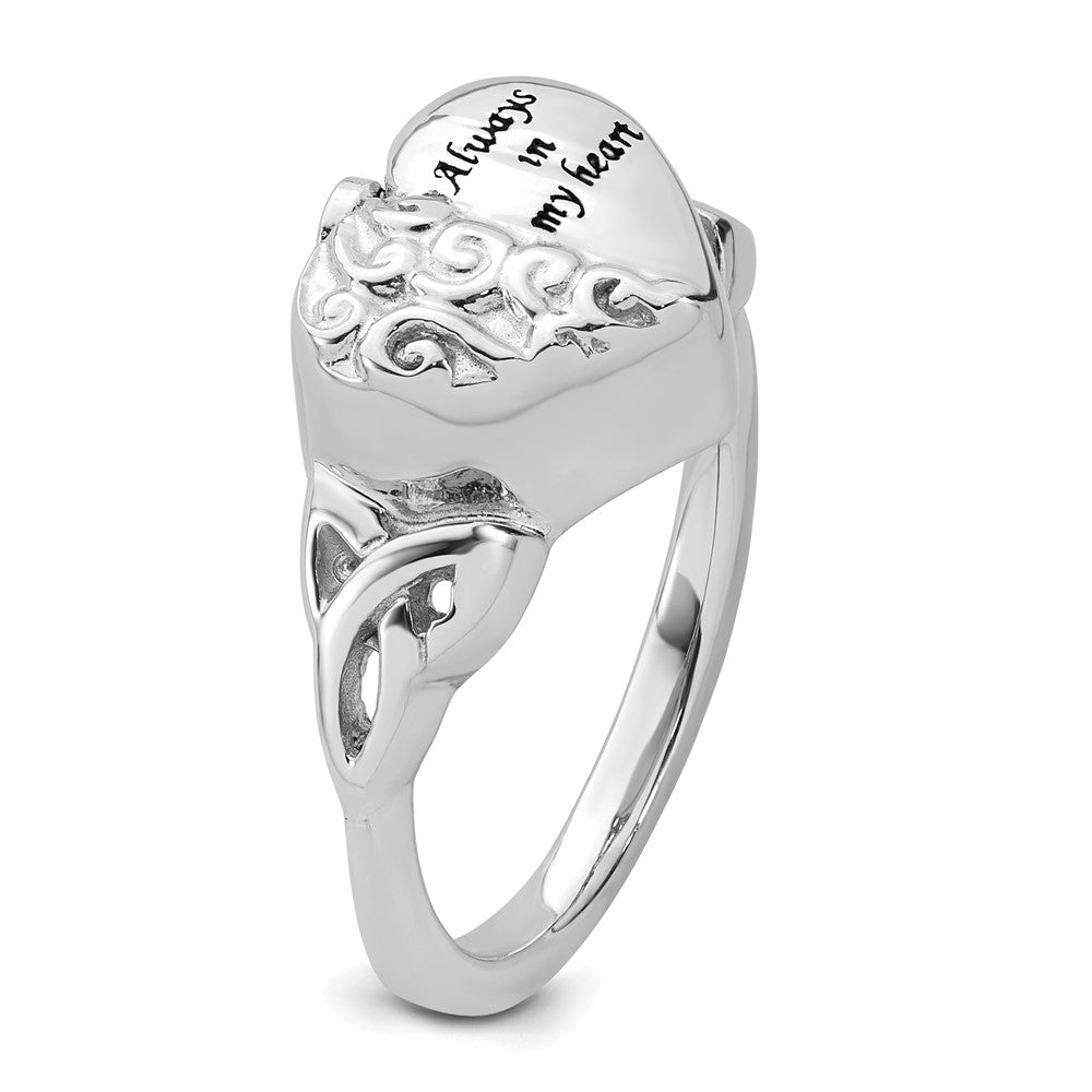 Sterling Silver Rhod-plated Enameled Celtic Knot Heart ALWAYS IN MY HEART Ash Holder Size 7 Ring