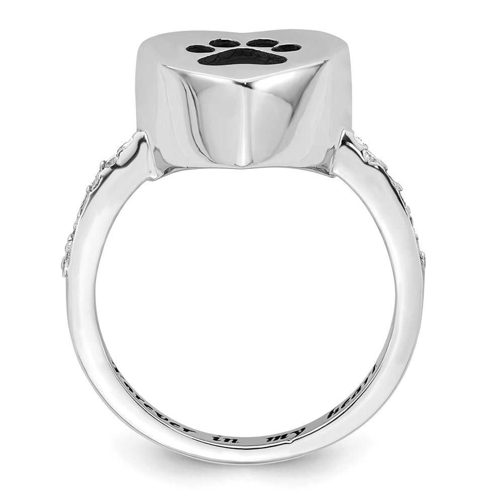Sterling Silver RH-plated Enameled CZ Heart Paw Print Ash Holder Ring