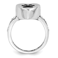 Sterling Silver RH-plated Enameled CZ Heart Paw Print Ash Holder Ring