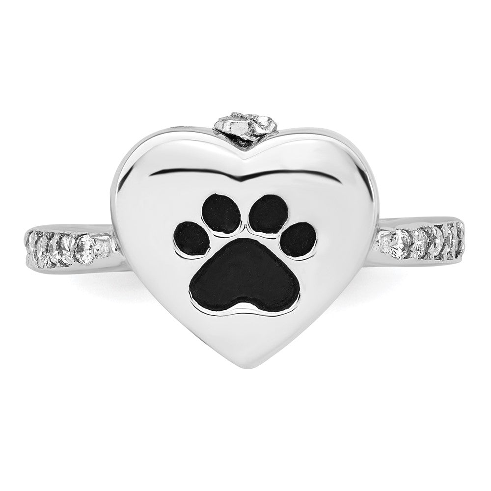 Sterling Silver RH-plated Enameled CZ Heart Paw Print Ash Holder Ring