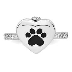Sterling Silver RH-plated Enameled CZ Heart Paw Print Ash Holder Ring
