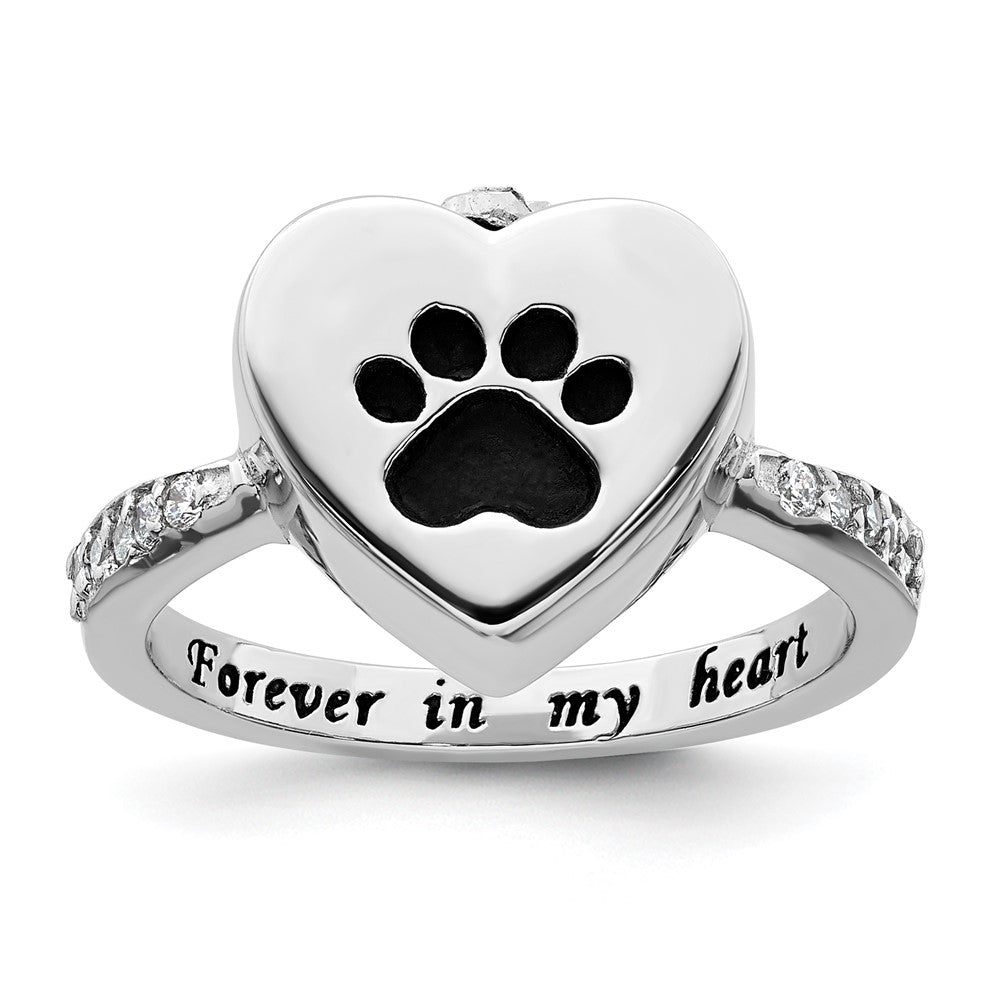 Sterling Silver RH-plated Enameled CZ Heart Paw Print Ash Holder Ring