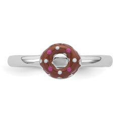 Sterling Silver Rhodium-plated Children's Size 4 Brown with Pink and White Enamel Sprinkled Donut Ring