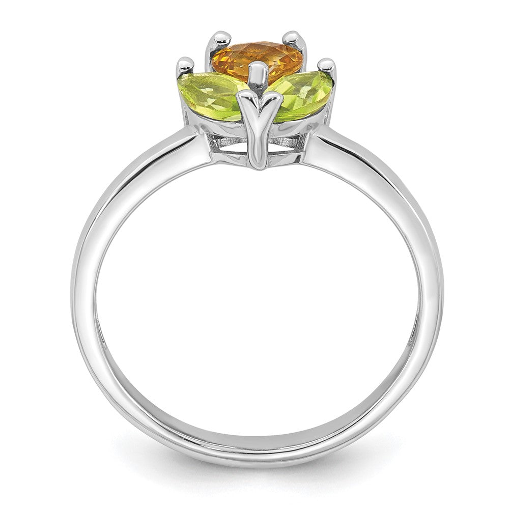 Sterling Silver Rhodium-plated Polished Heart Citrine and Peridot Flower Ring - 3
