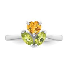 Sterling Silver Rhodium-plated Polished Heart Citrine and Peridot Flower Ring - 3