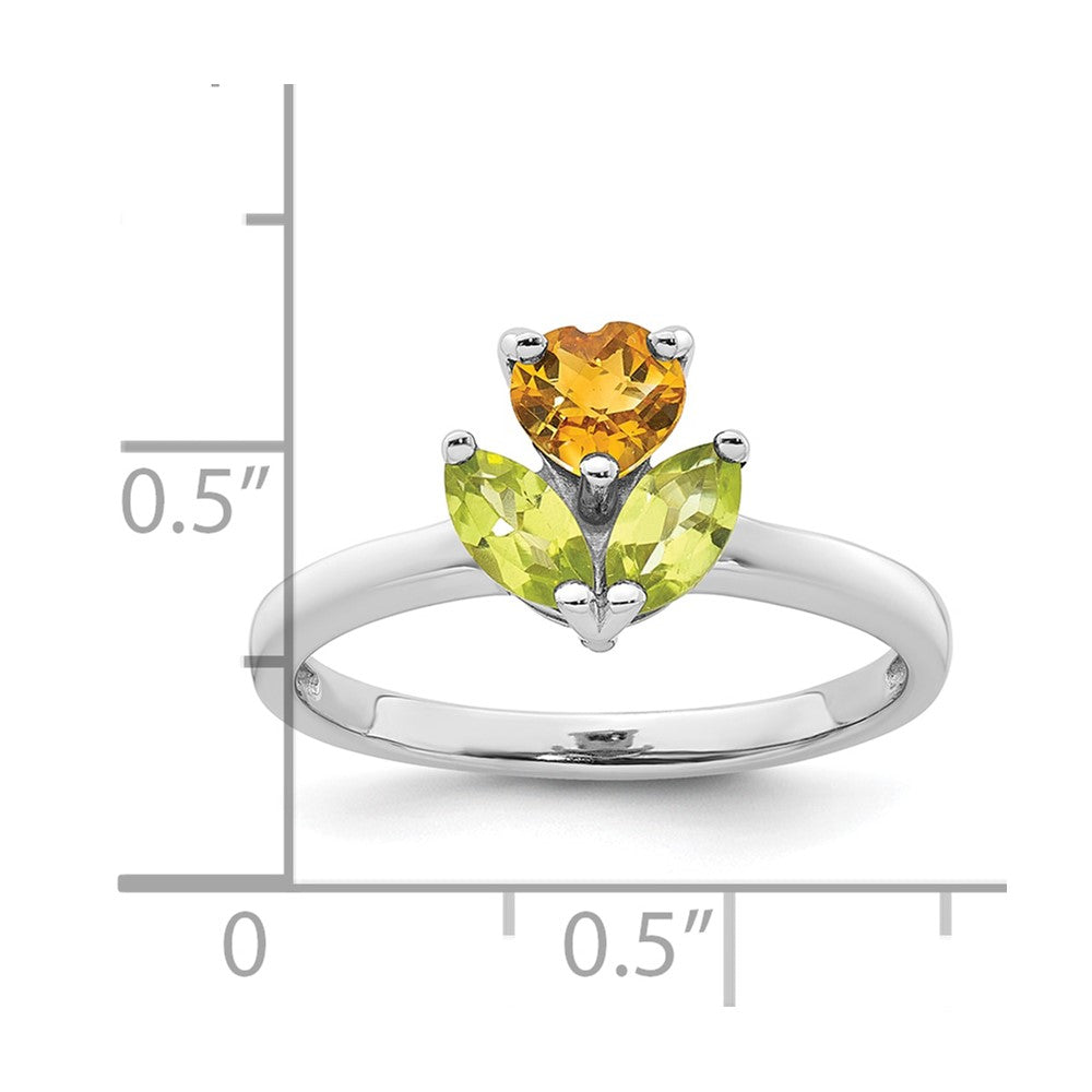 Sterling Silver Rhodium-plated Polished Heart Citrine and Peridot Flower Ring - 2