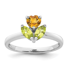 Sterling Silver Rhodium-plated Polished Heart Citrine and Peridot Flower Ring - 2