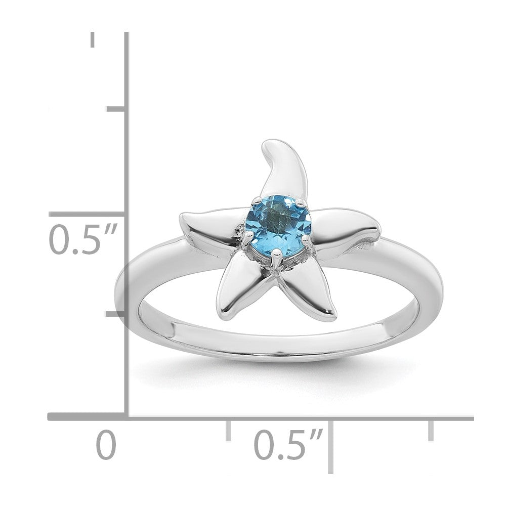 Sterling Silver Rhodium-plated Polished Round Light Swiss Blue Topaz Starfish Ring - 3