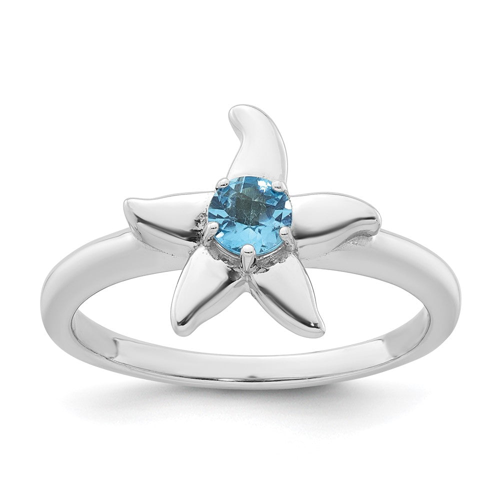 Sterling Silver Rhodium-plated Polished Round Light Swiss Blue Topaz Starfish Ring - 2