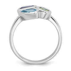 Sterling Silver Rhodium-plated Polished Pear Blue Topaz, Oval Peridot and Emerald-cut Amethyst Size 7 Ring