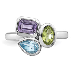 Sterling Silver Rhodium-plated Polished Pear Blue Topaz, Oval Peridot and Emerald-cut Amethyst Size 6 Ring