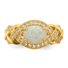 Sterling Silver Gold-tone Polished CZ and Lab Created Opal Size 7 Twisted Ring