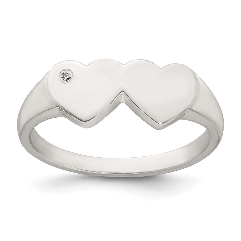 Sterling Silver Polished White CZ Double Heart Size 7 Signet Ring