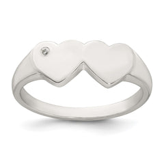 Sterling Silver Polished White CZ Double Heart Size 7 Signet Ring