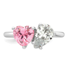 Sterling Silver Rhodium-plated Polished Heart Pink and Pear-shaped White CZ Size 6 Ring