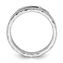 Sterling Silver Rhodium-plated Polished CZ and Hammered Cross Double Band Size 7 Ring