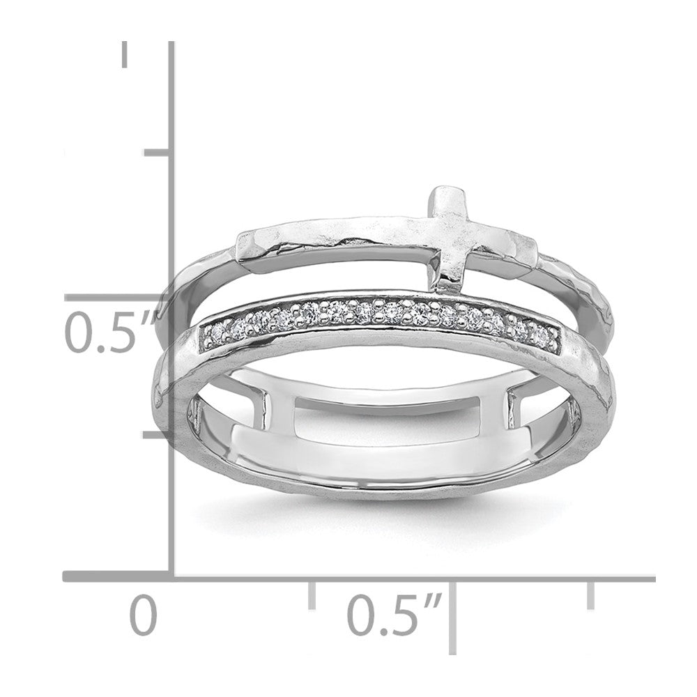 Sterling Silver Rhodium-plated Polished CZ and Hammered Cross Double Band Size 7 Ring