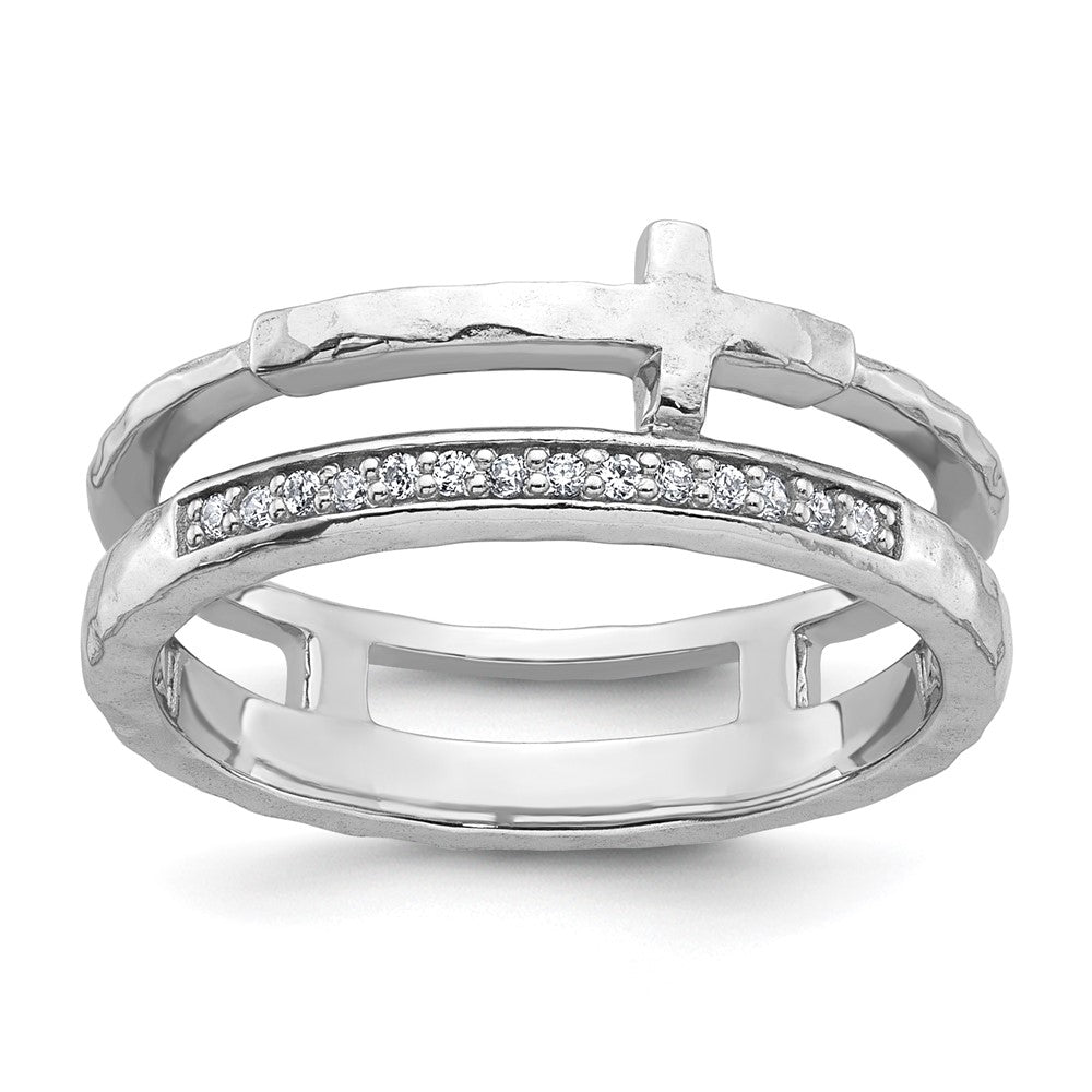 Sterling Silver Rhodium-plated Polished CZ and Hammered Cross Double Band Size 7 Ring