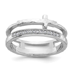 Sterling Silver Rhodium-plated Polished CZ and Hammered Cross Double Band Size 7 Ring