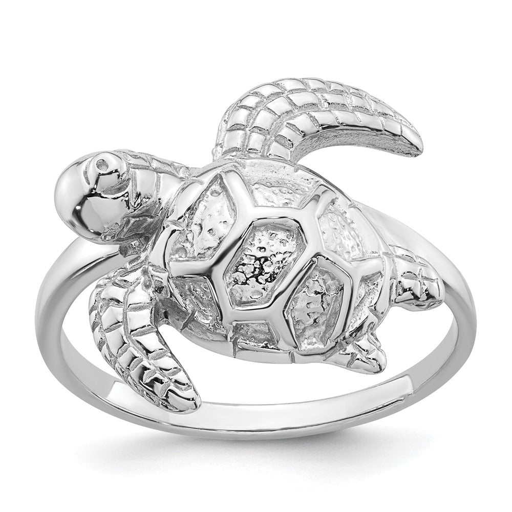 Sterling Silver Rhodium-plated Polished and Textured Sea Turtle Size 7 Ring