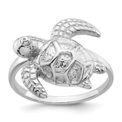 Sterling Silver Rhodium-plated Polished and Textured Sea Turtle Size 7 Ring
