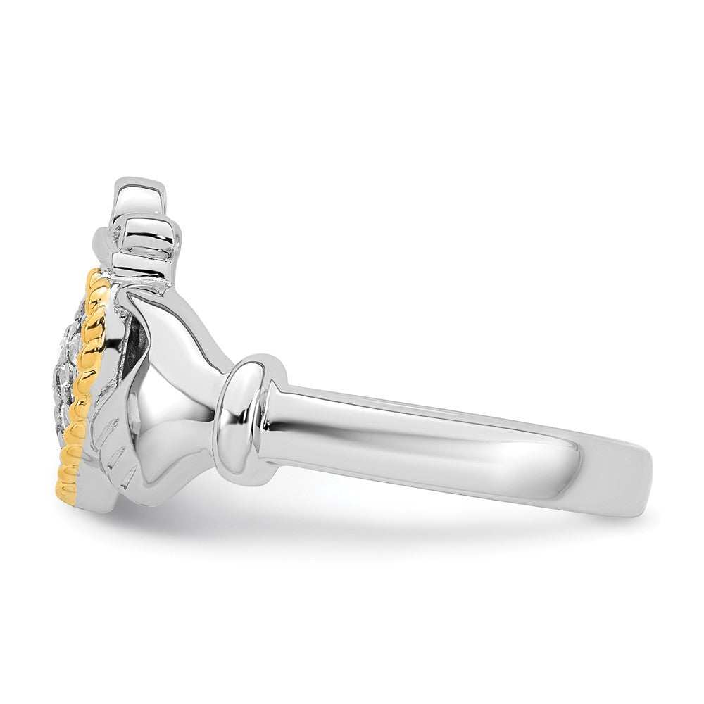Sterling Silver Rhodium-plated with 14k Accent Polished CZ Size 8 Claddagh Ring - 2
