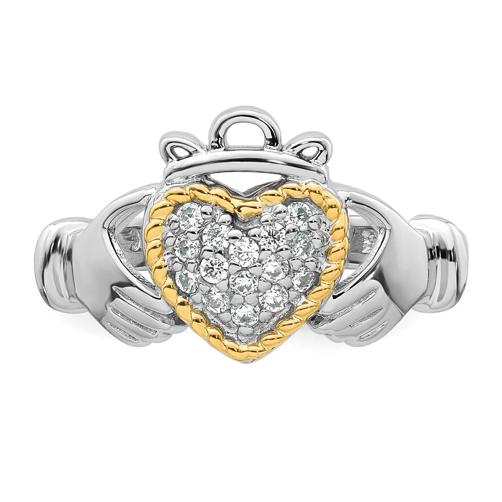 Sterling Silver Rhodium-plated with 14k Accent Polished CZ Size 8 Claddagh Ring - 2