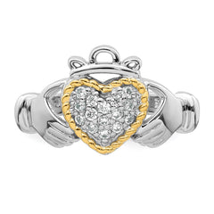 Sterling Silver Rhodium-plated with 14k Accent Polished CZ Size 8 Claddagh Ring - 2