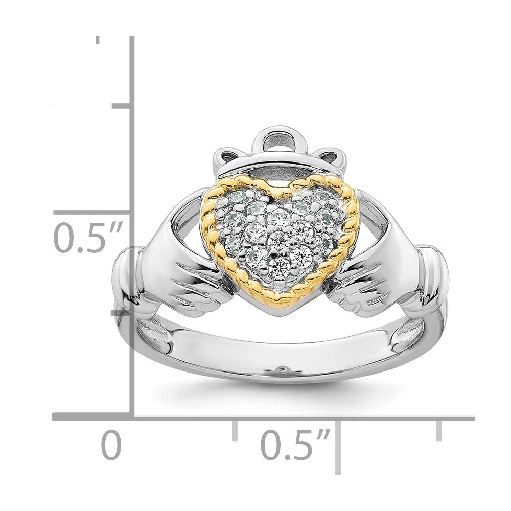 Sterling Silver Rhodium-plated with 14k Accent Polished CZ Size 8 Claddagh Ring - 2
