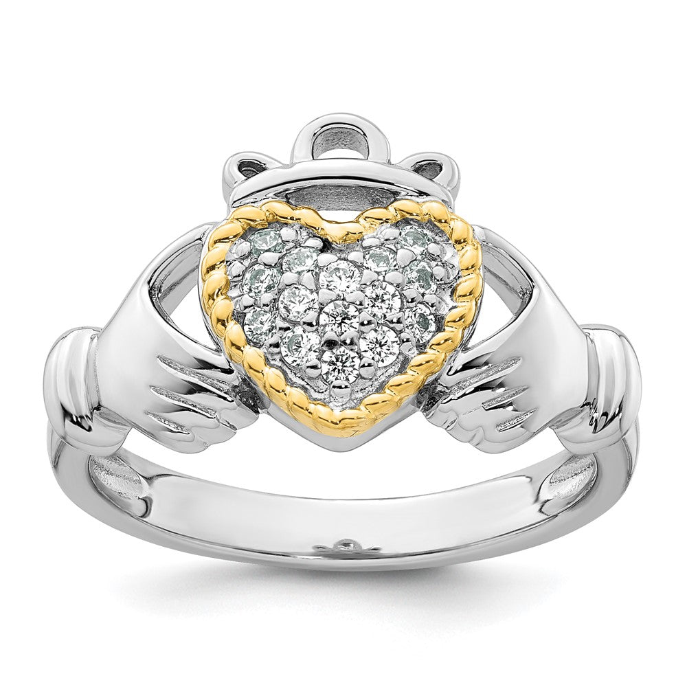 Sterling Silver Rhodium-plated with 14k Accent Polished CZ Size 8 Claddagh Ring - 2