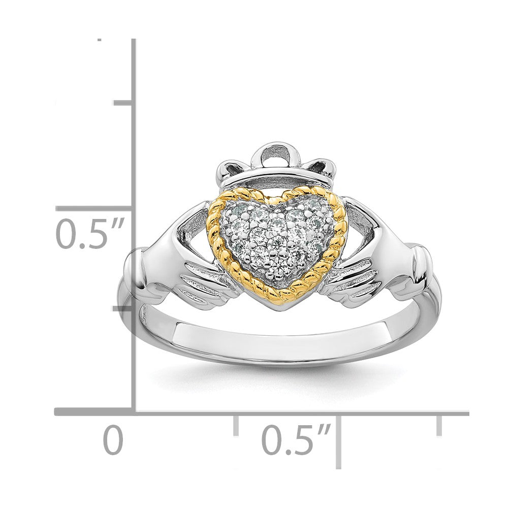 Sterling Silver Rhodium-plated with 14k Accent Polished CZ Size 8 Claddagh Ring