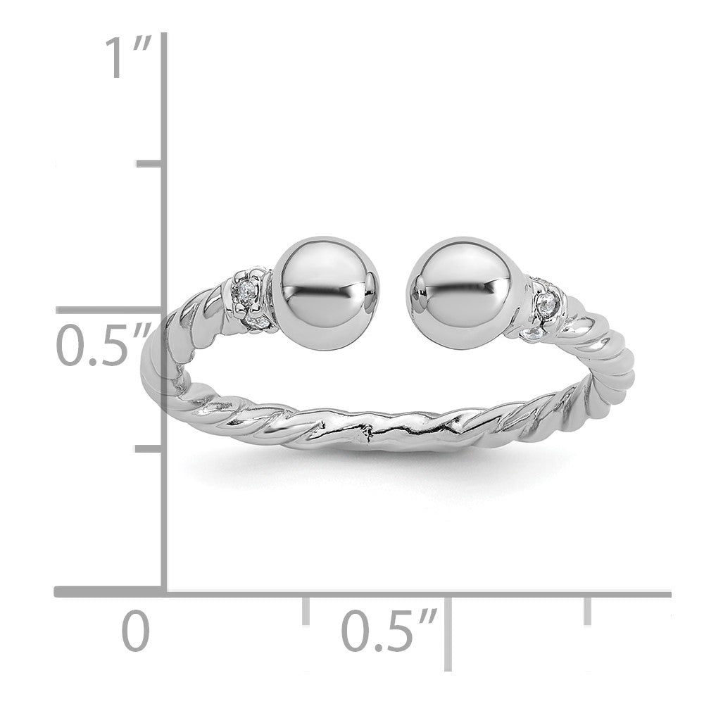 Sterling Silver Rhodium-plated Polished and Twisted CZ Ball End Size 8 Ring