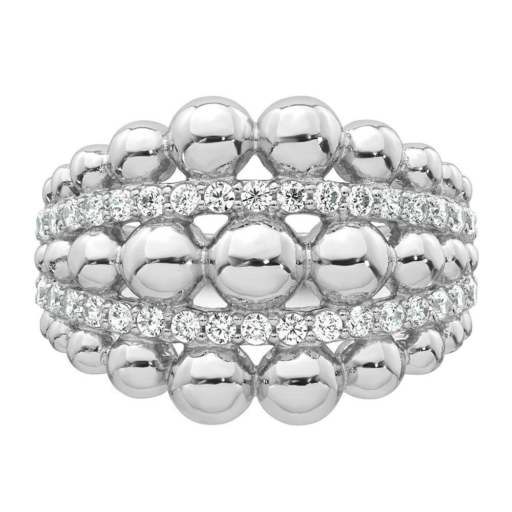Sterling Silver Rhodium-plated Polished Graduated Beaded Fancy CZ Size 7 Ring