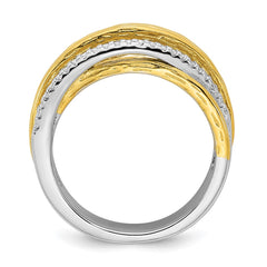 Sterling Silver Rhodium-plated and Gold-tone CZ Textured Brushed 4-Row Size 8 Ring