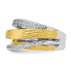 Sterling Silver Rhodium-plated and Gold-tone CZ Textured Brushed 4-Row Size 8 Ring